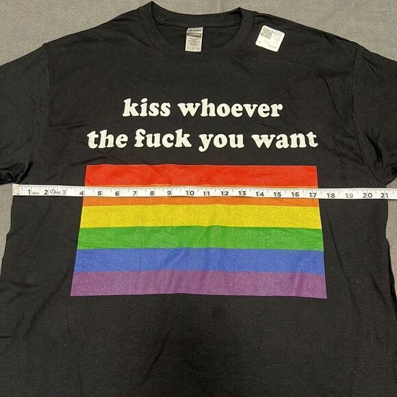 Pride Kiss Whoever the F*ck You Want Rainbow Flag Black Graphic Tee Size Large - Picture 4 of 5